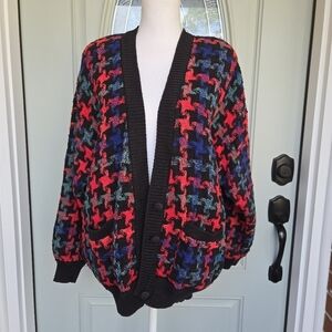 Tony Lambert Design Group Vintage Colorful Houndstooth Chunky Cardigan Sweater